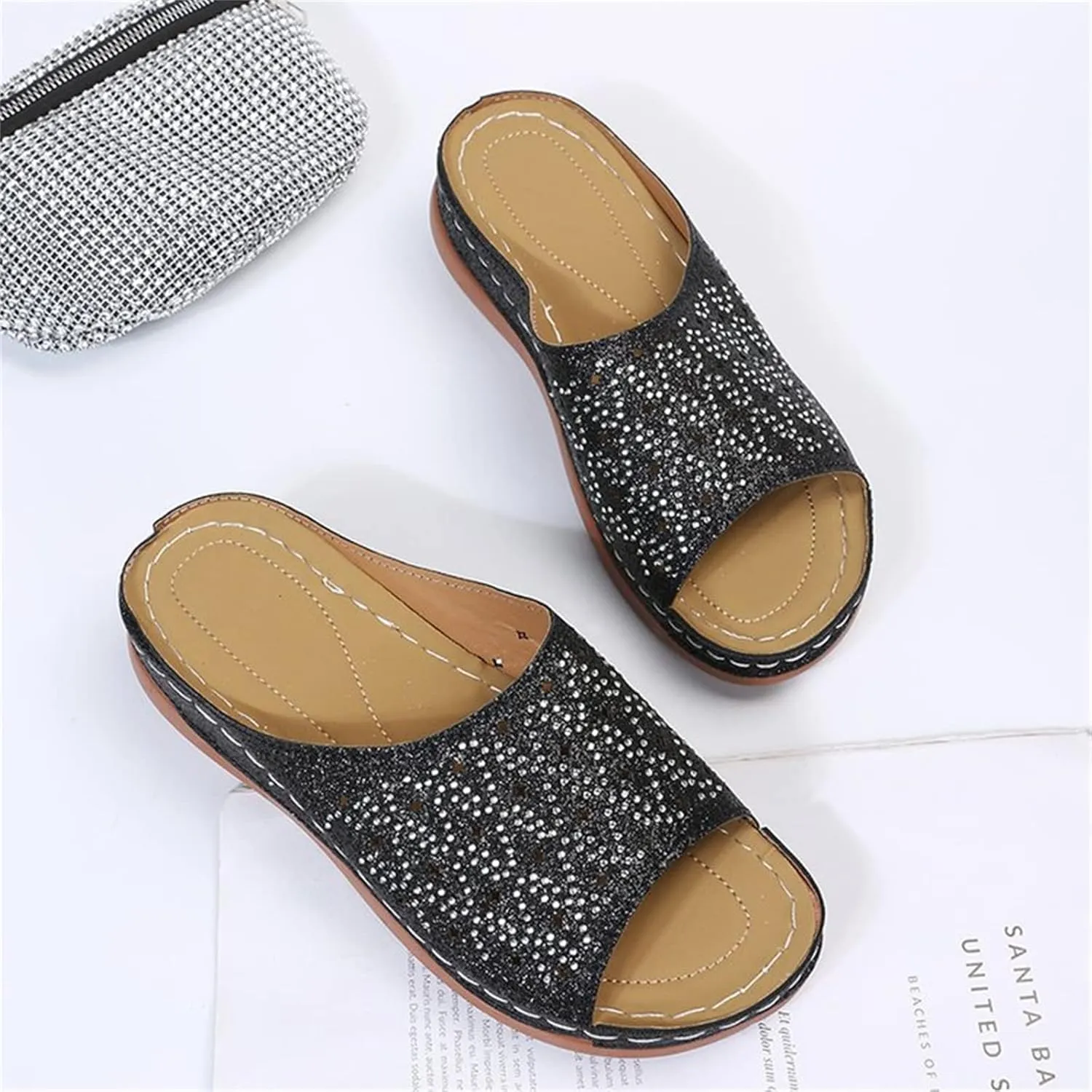 Ladmiple Womens Casual Summer Fashion Sparkly Orthopedic Wedge Flip Flops with Arch Support Roman Open Toe Slipper Shoes
