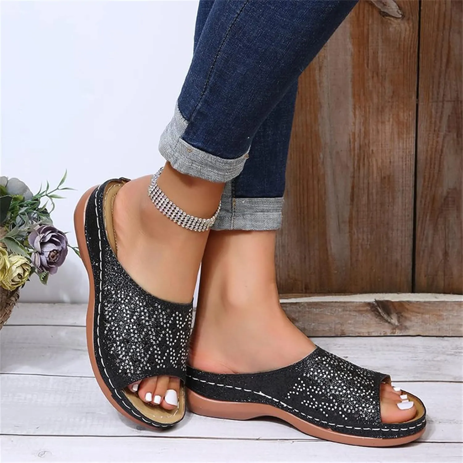 Ladmiple Womens Casual Summer Fashion Sparkly Orthopedic Wedge Flip Flops with Arch Support Roman Open Toe Slipper Shoes
