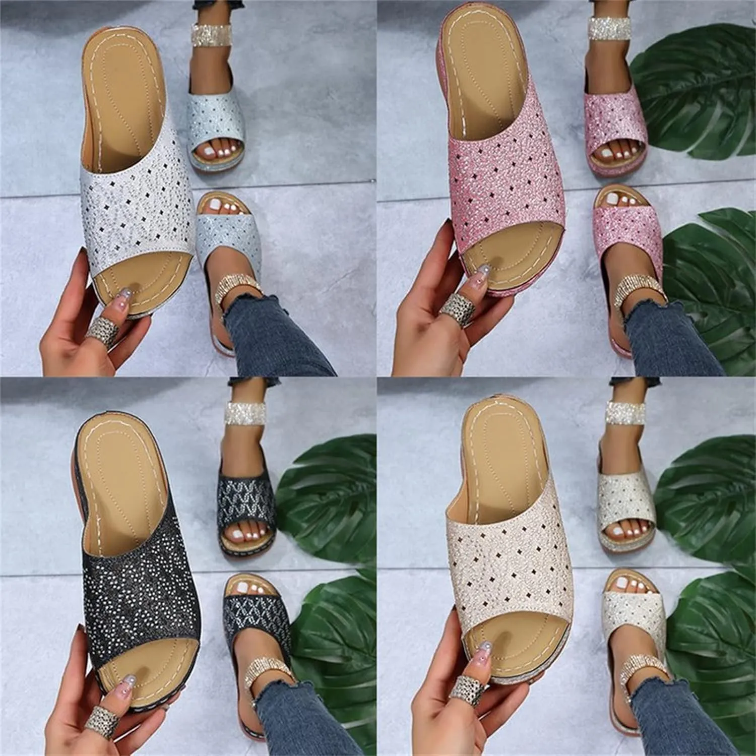 Ladmiple Womens Casual Summer Fashion Sparkly Orthopedic Wedge Flip Flops with Arch Support Roman Open Toe Slipper Shoes
