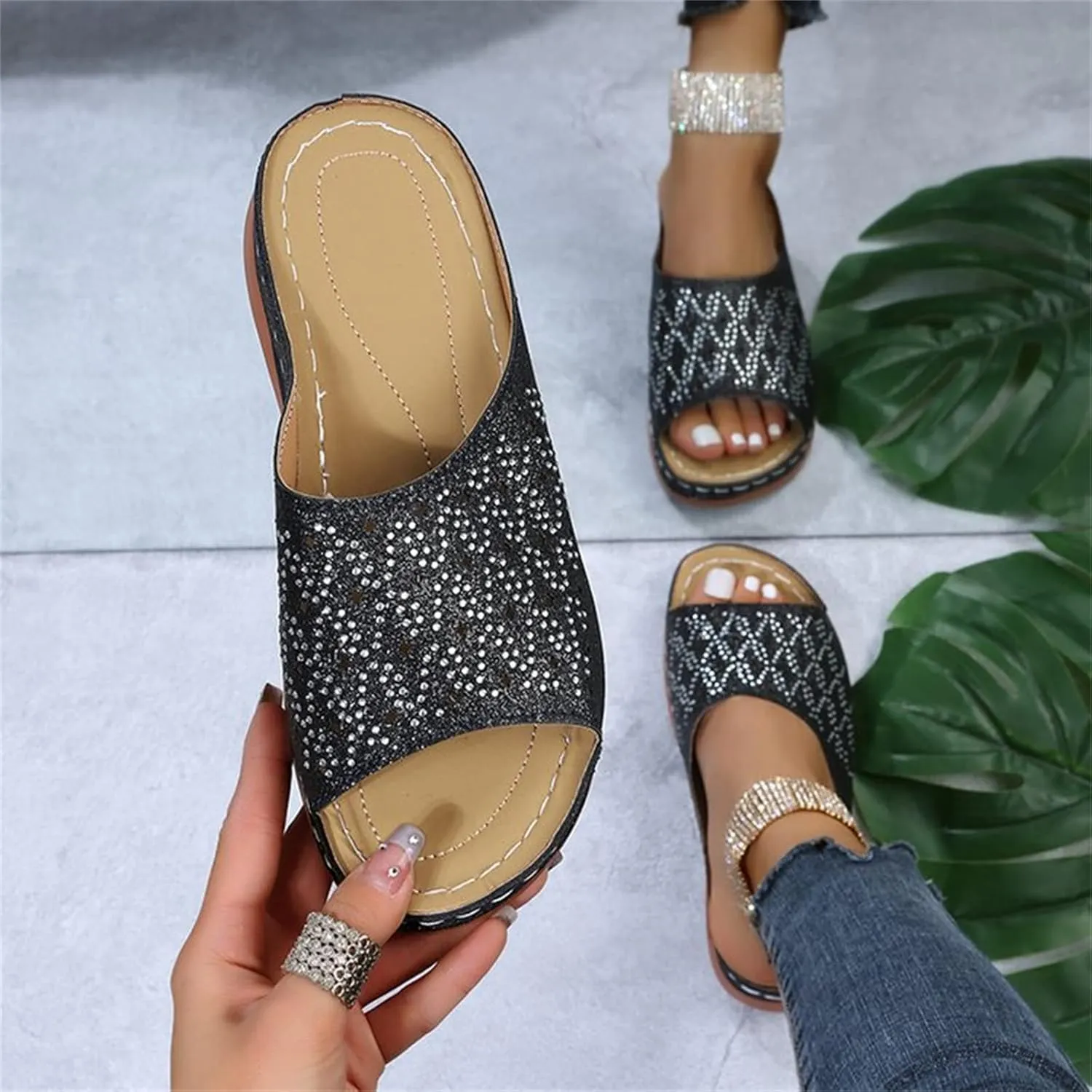 Ladmiple Womens Casual Summer Fashion Sparkly Orthopedic Wedge Flip Flops with Arch Support Roman Open Toe Slipper Shoes