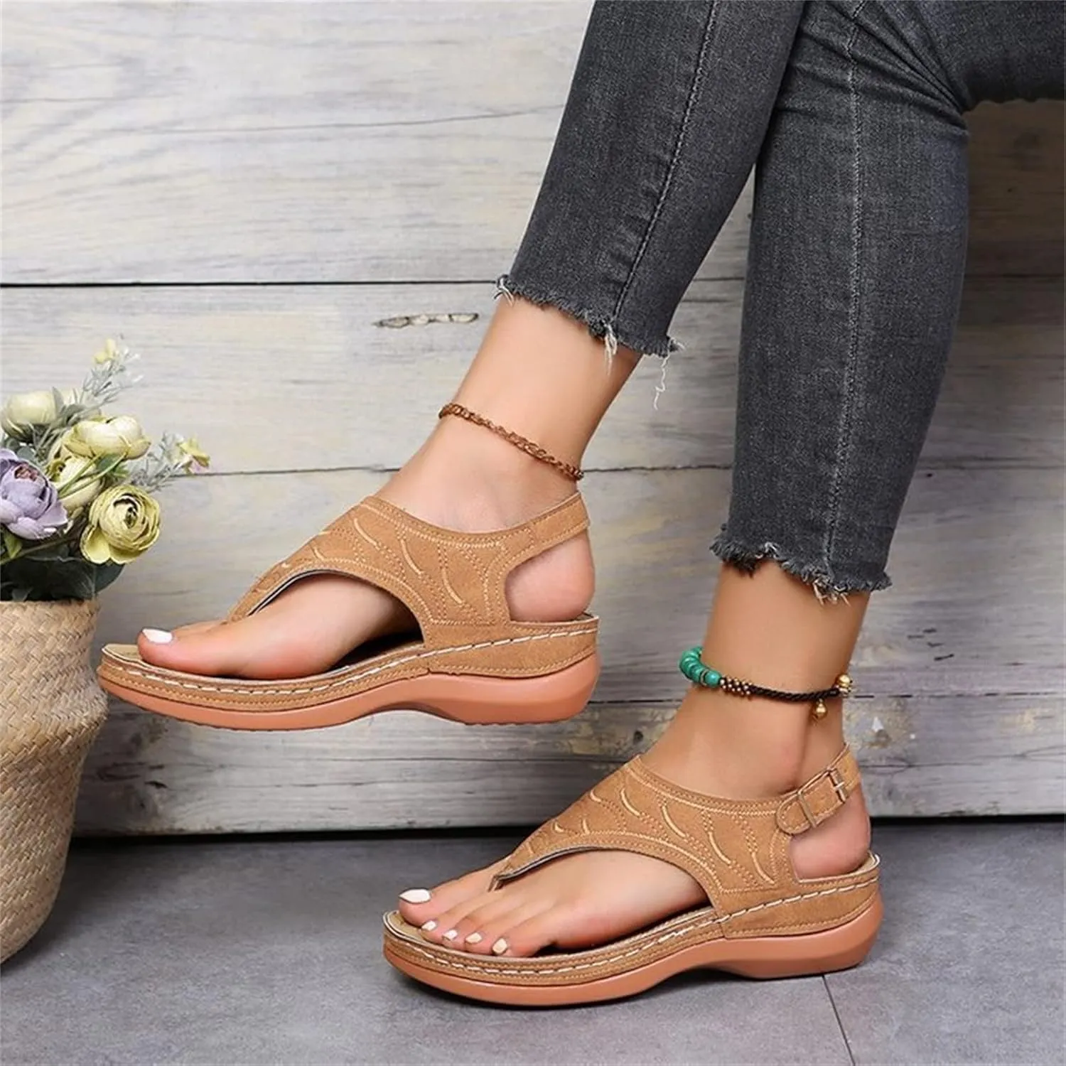 Ladmiple Womens Sandals Comfortable Causal Summer Flip Flops Arch Support Beach Roman Open Toe Wedges Orthopedic Sandal