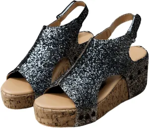 Ladmiple Womens Sandals Comfortable Dressy Wedge Heel Platform Sandals Slip on Ankle Strap Glitter Casual Summer Dress Shoes
