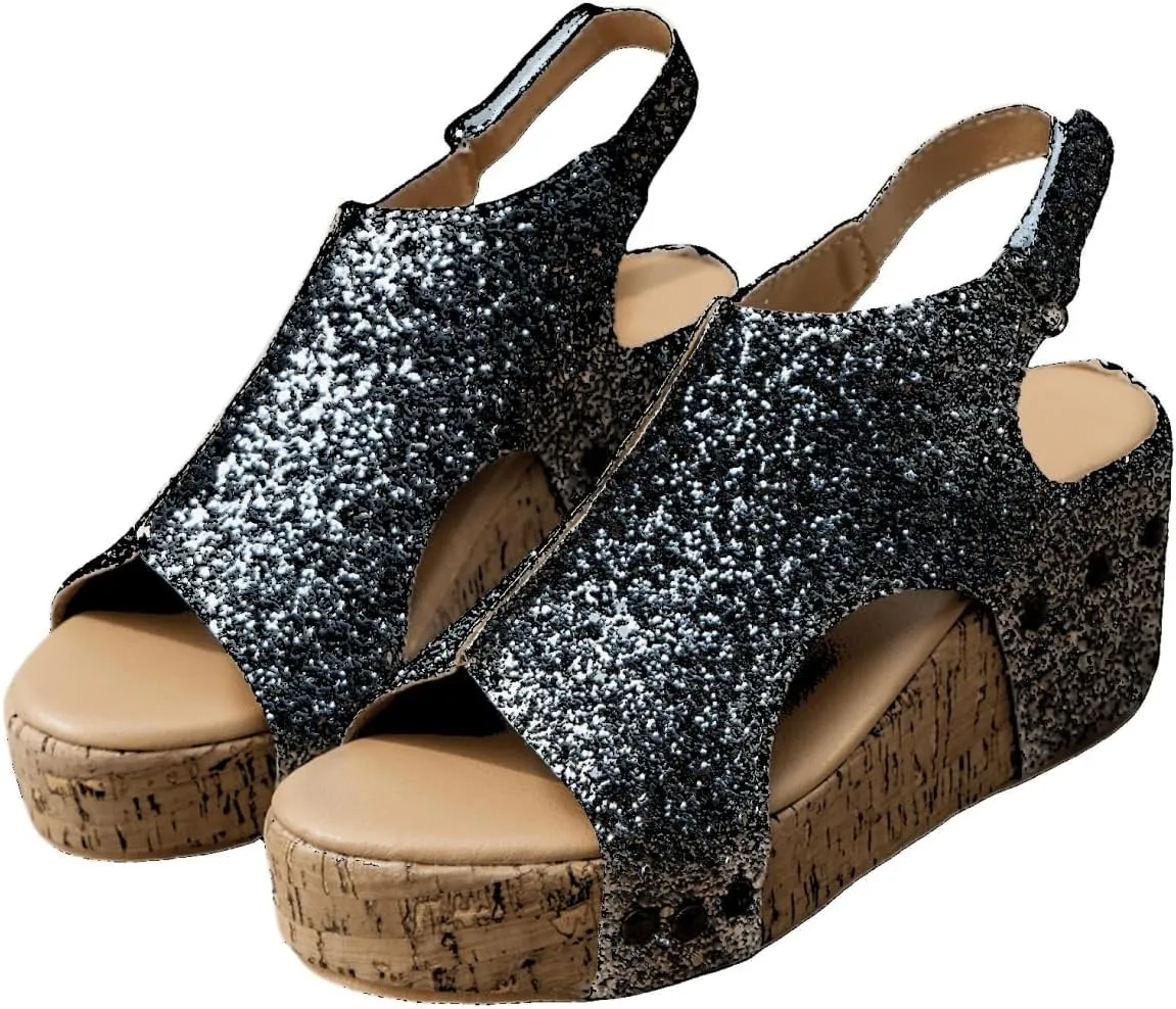 Ladmiple Womens Sandals Comfortable Dressy Wedge Heel Platform Sandals Slip on Ankle Strap Glitter Casual Summer Dress Shoes