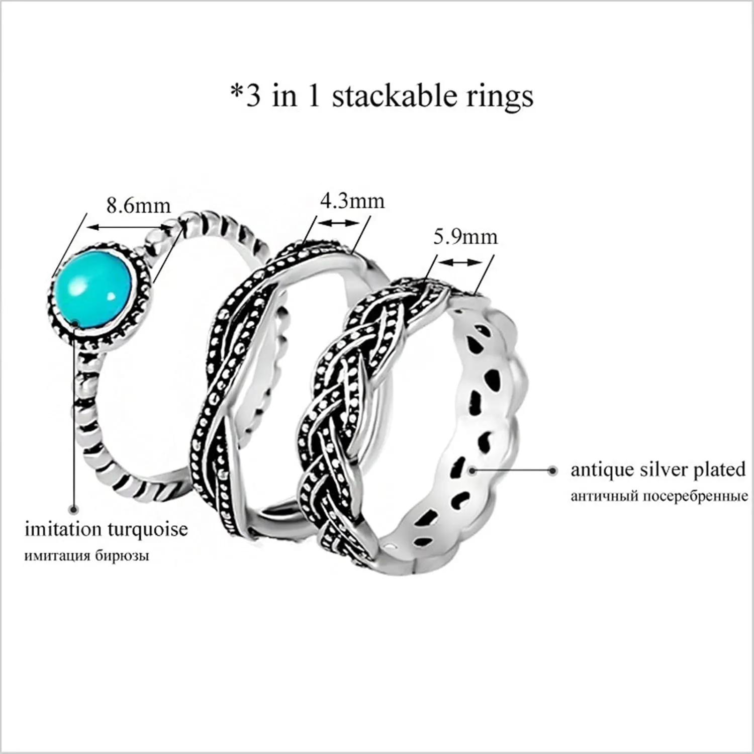 Lady 3Pcs Women Turquoise Rings Set Vintage Twist Stacking Rings Boho Engraved Anniversary Rings for Her (Blue, 6)