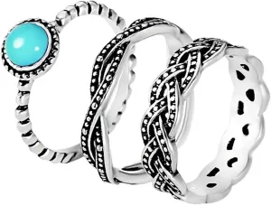 Lady 3Pcs Women Turquoise Rings Set Vintage Twist Stacking Rings Boho Engraved Anniversary Rings for Her (Blue, 6)