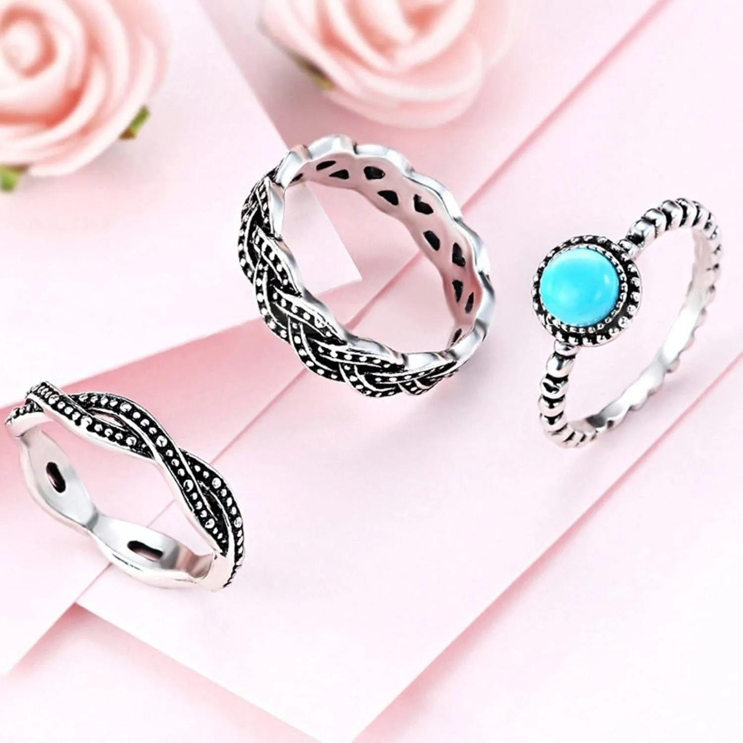 Lady 3Pcs Women Turquoise Rings Set Vintage Twist Stacking Rings Boho Engraved Anniversary Rings for Her (Blue, 6)