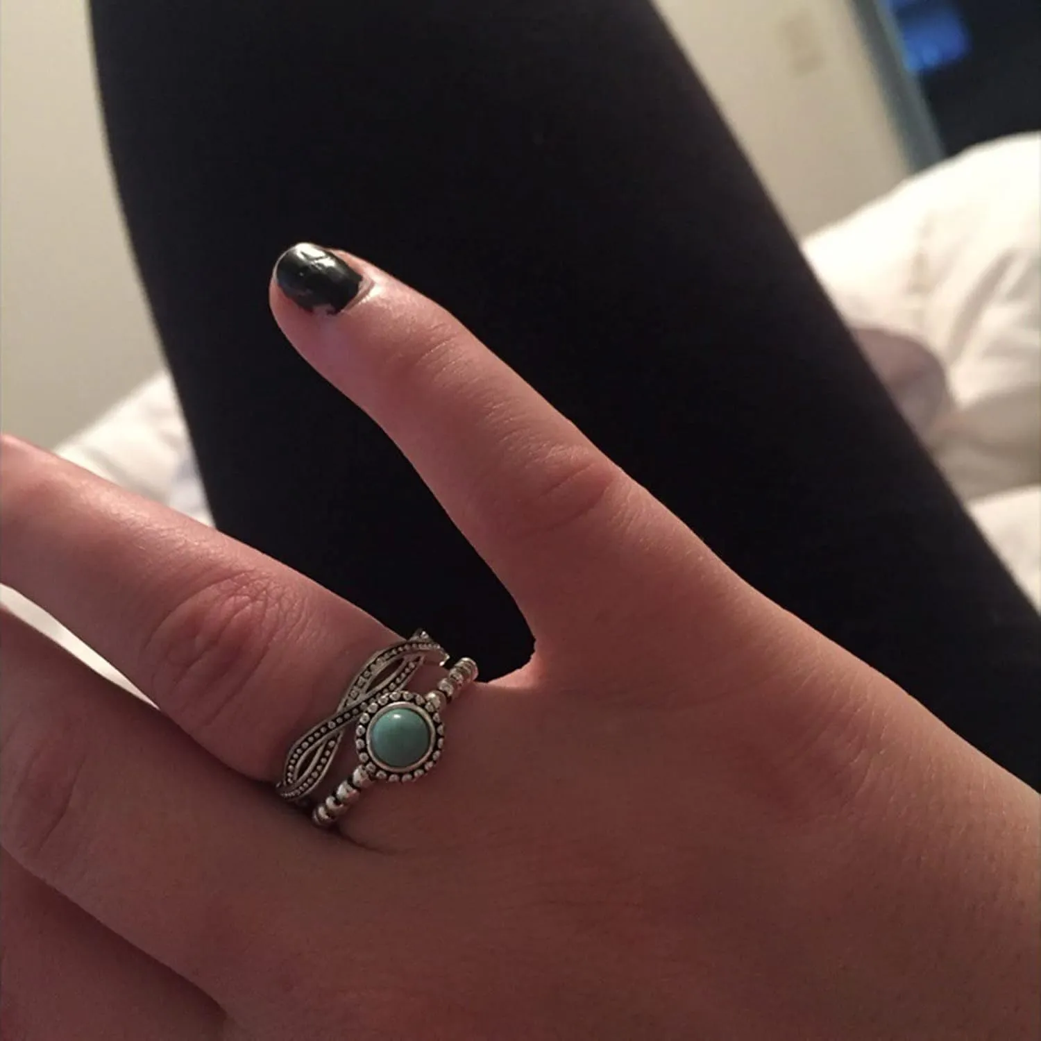 Lady 3Pcs Women Turquoise Rings Set Vintage Twist Stacking Rings Boho Engraved Anniversary Rings for Her (Blue, 6)