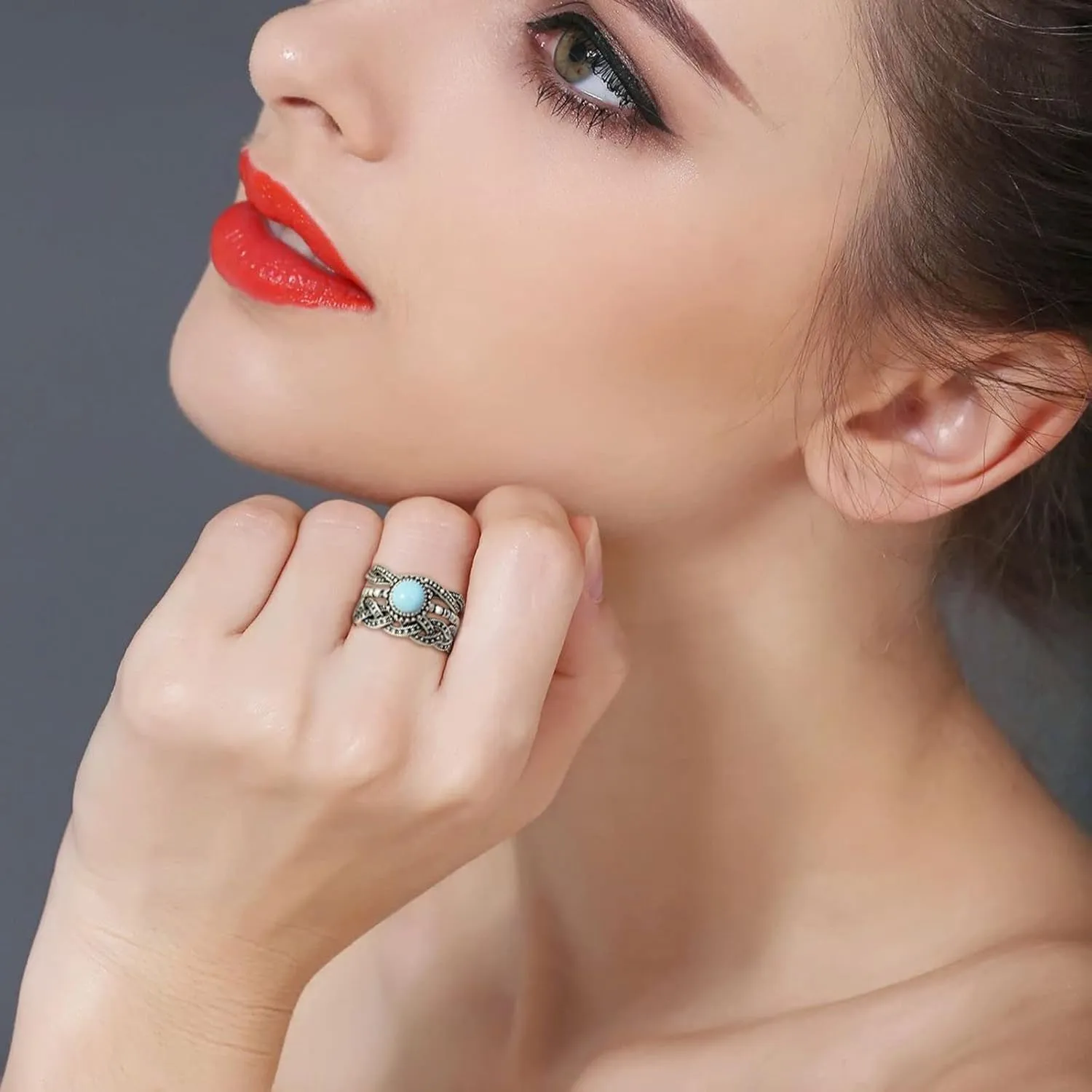 Lady 3Pcs Women Turquoise Rings Set Vintage Twist Stacking Rings Boho Engraved Anniversary Rings for Her (Blue, 6)