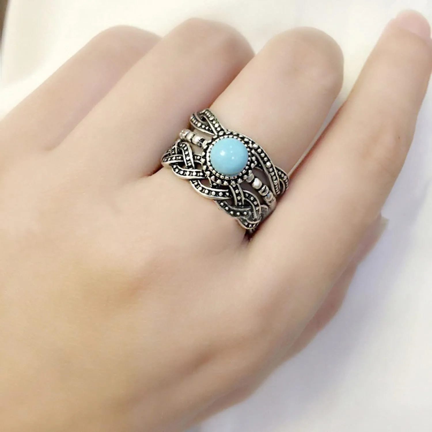 Lady 3Pcs Women Turquoise Rings Set Vintage Twist Stacking Rings Boho Engraved Anniversary Rings for Her (Blue, 6)