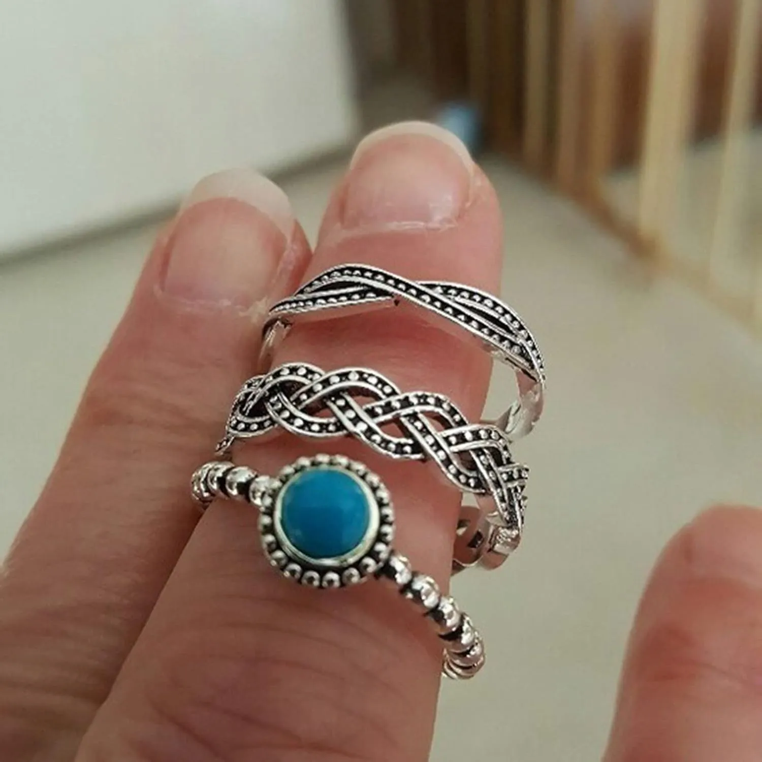 Lady 3Pcs Women Turquoise Rings Set Vintage Twist Stacking Rings Boho Engraved Anniversary Rings for Her (Blue, 6)
