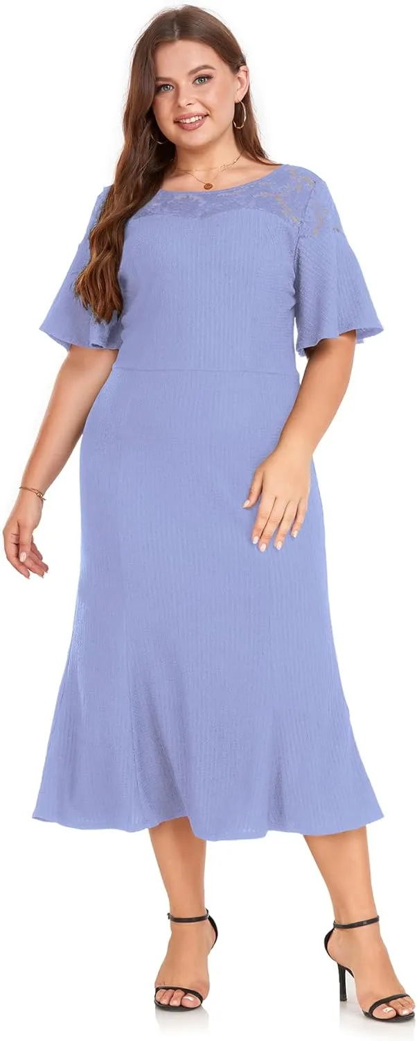 LALAGEN Womens Plus Size Wedding Guest Midi Dress Lace Patchwork Ruffle Short Sleeve Elegant Flare Cocktail Party Dresses