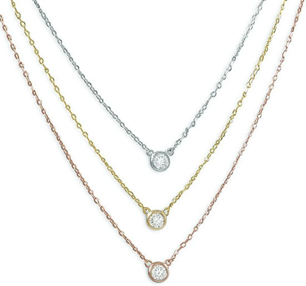 Layered Necklace Cubic Zirconia Pendants Three Tone Gold on Sterling Silver