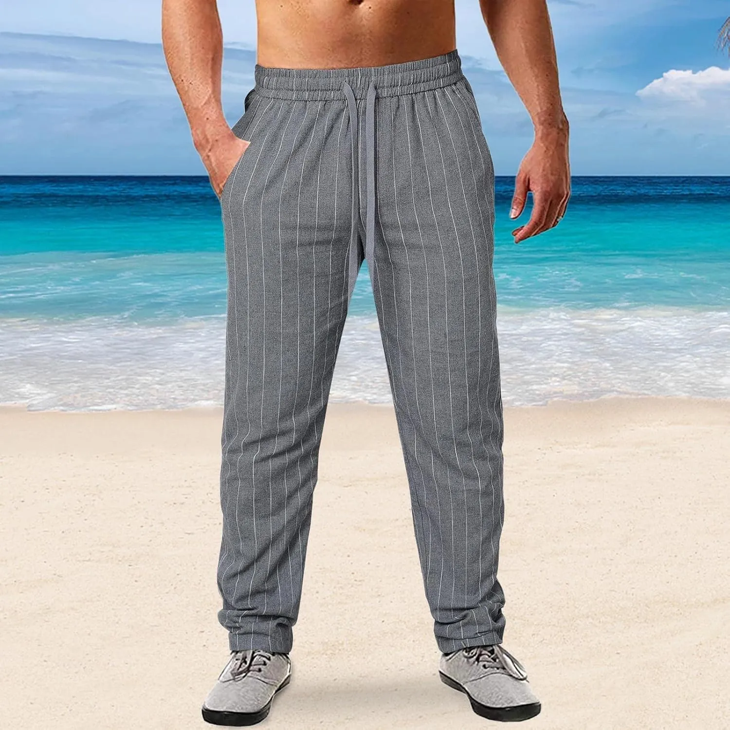 LCMTWX Men Sweatpants Summer Pinstripe Cotton and Casual Sports Pants Athletic Loose Fit Mens Pants Baggy Sweatpants