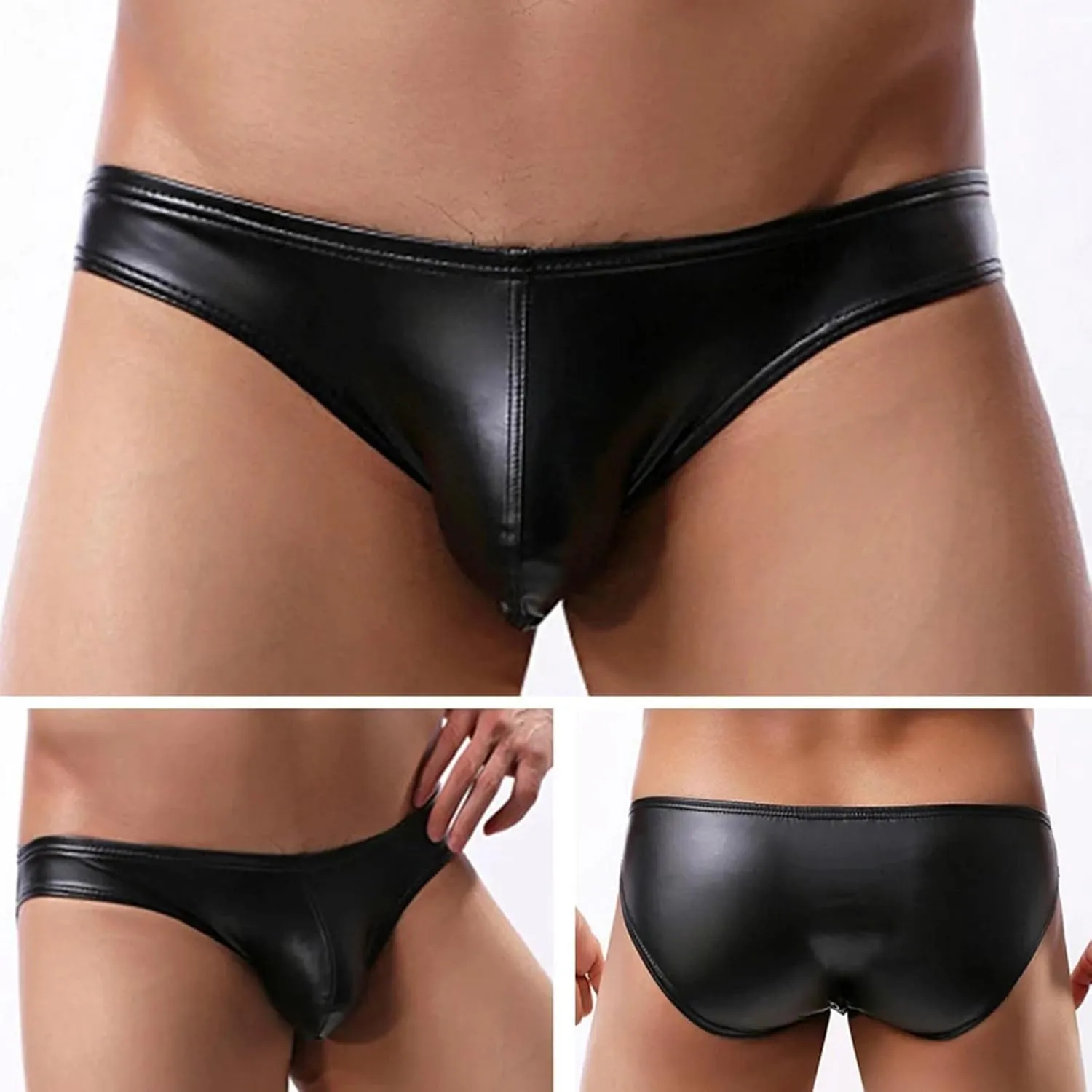 Leather Lingerie for Men Sexy Faux Leather Low Rise Thong Bulge Pouch Jockstrap Brief Bikini Stretchy Underwear