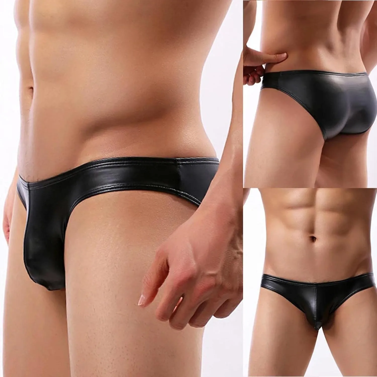 Leather Lingerie for Men Sexy Faux Leather Low Rise Thong Bulge Pouch Jockstrap Brief Bikini Stretchy Underwear