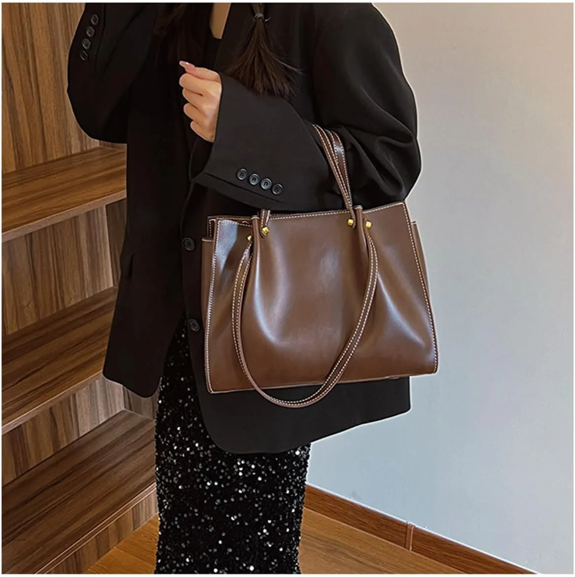 Leather Shoulder Bag for Women,Large Capacity Slouchy Work Tote Bag with Zipper,Fashion PU Purse Satchel Handbag