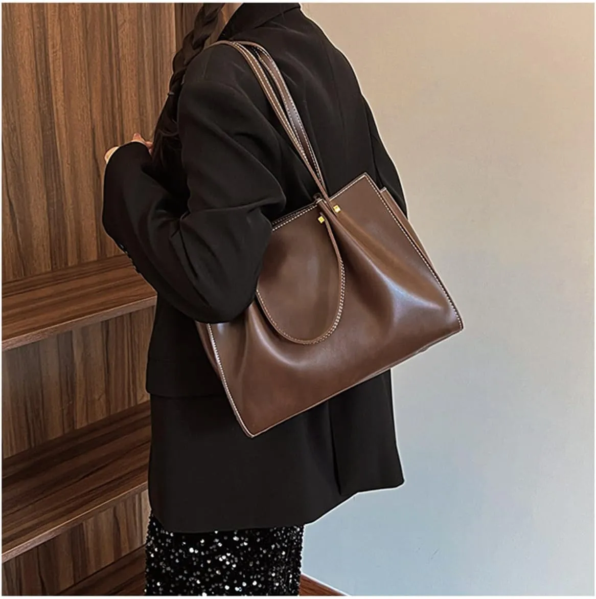 Leather Shoulder Bag for Women,Large Capacity Slouchy Work Tote Bag with Zipper,Fashion PU Purse Satchel Handbag