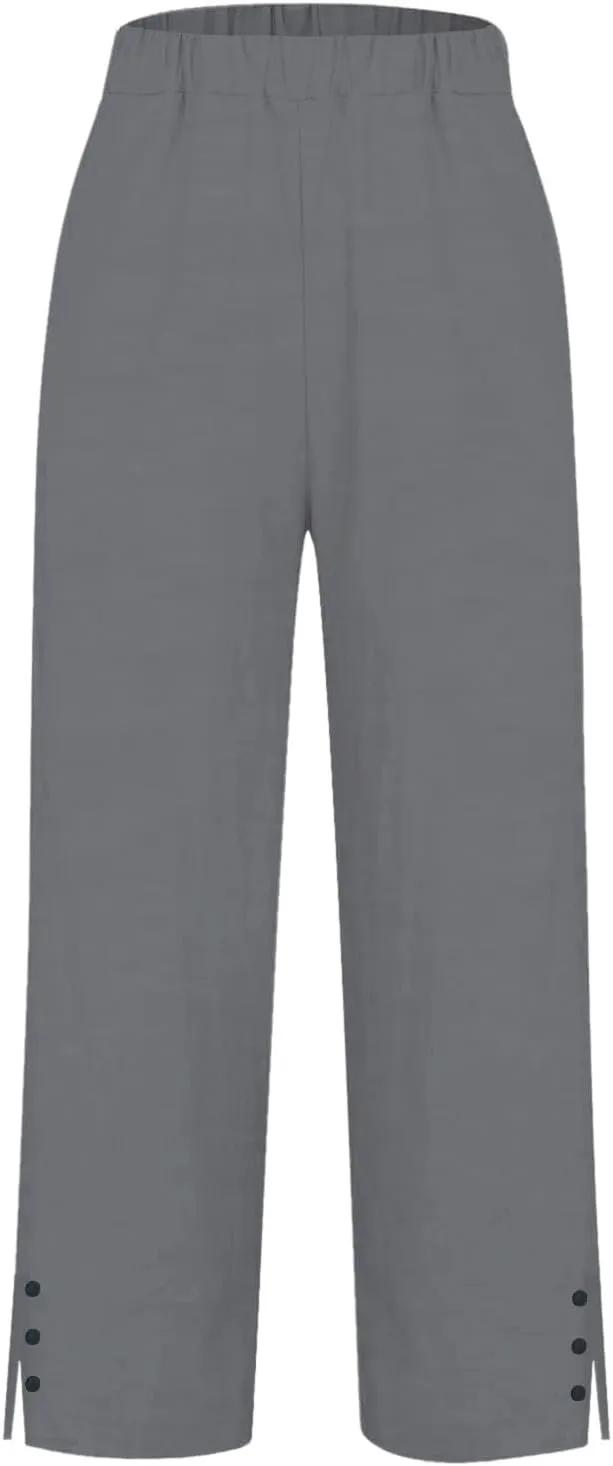 Linen Pants for Women Summer Elastic Waist Straight Leg Plus Size Crop Button Casual Beach Trousers with Pockets