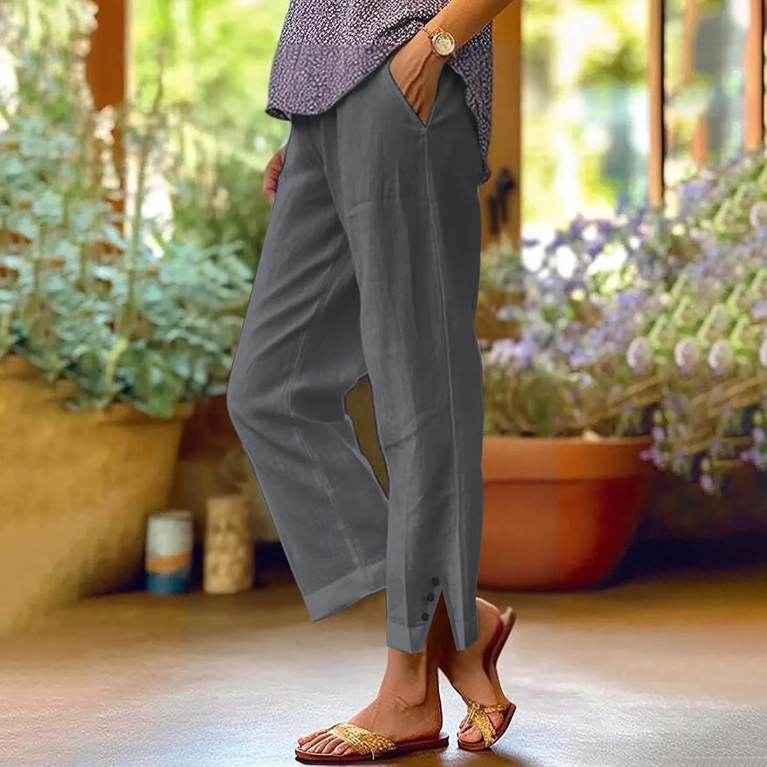 Linen Pants for Women Summer Elastic Waist Straight Leg Plus Size Crop Button Casual Beach Trousers with Pockets