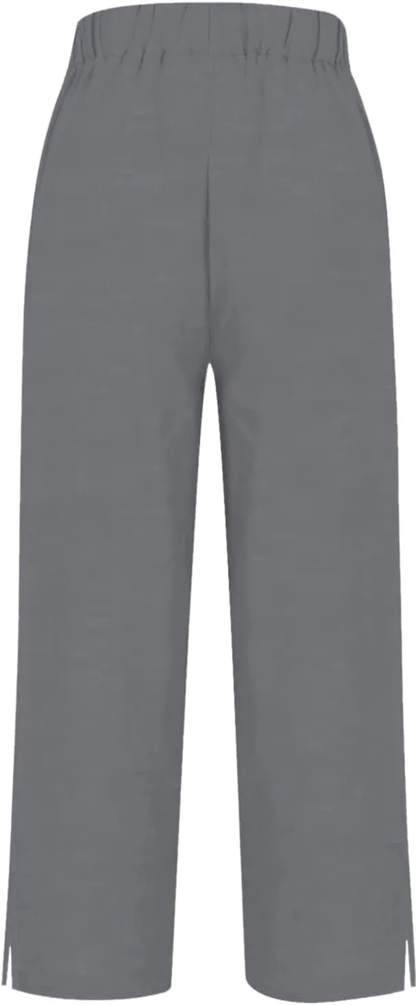 Linen Pants for Women Summer Elastic Waist Straight Leg Plus Size Crop Button Casual Beach Trousers with Pockets