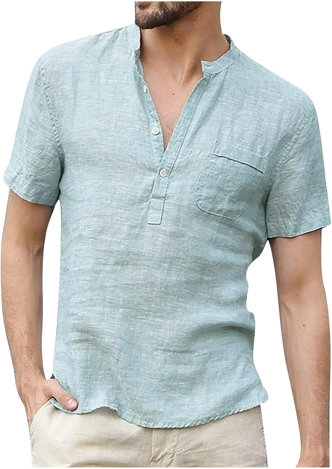 Linen Shirts Men Summer Henley Shirt with Pockets Button Up Hippie Casual Beach T Shirts Lightweight Tunic Tops