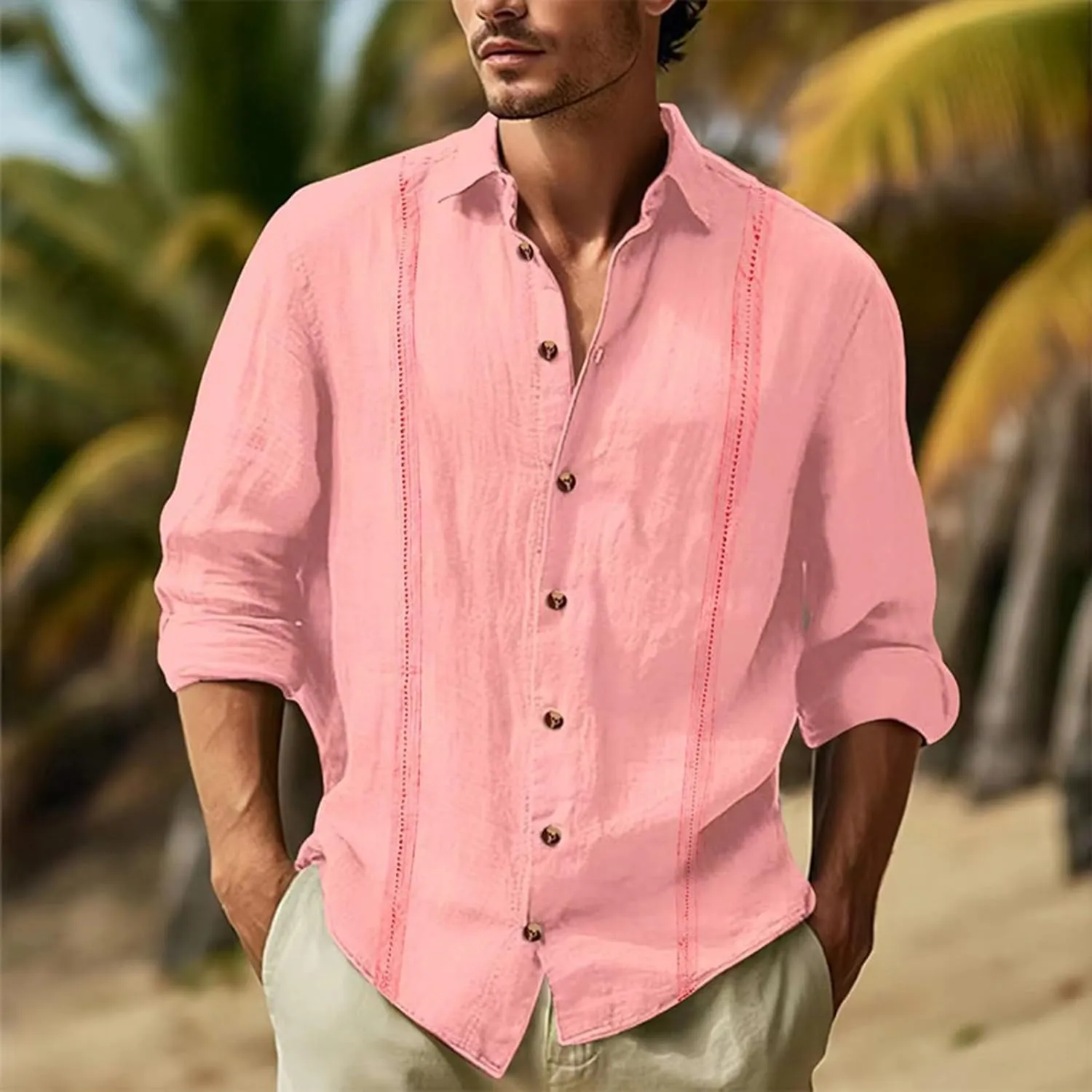 Long Sleeve Linen Shirts for Men Business Casual Button Up Shirts Lightweight Summer Beach Polo Shirts