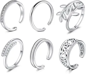 Longita toe rings for Women Silver, Women Adjustable Knuckle Rings Tail Ring Simple Open Band Flower Fingers Joint Ring