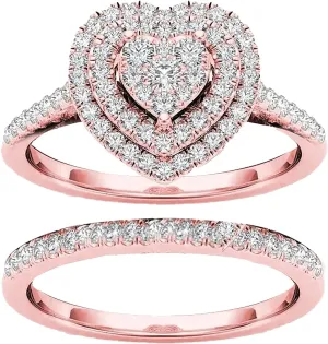 Love Valentine's Day Heart Shaped Cubic Zirconia CZ Engagement Bridal Anniversary Promise Wedding Band Ring Set