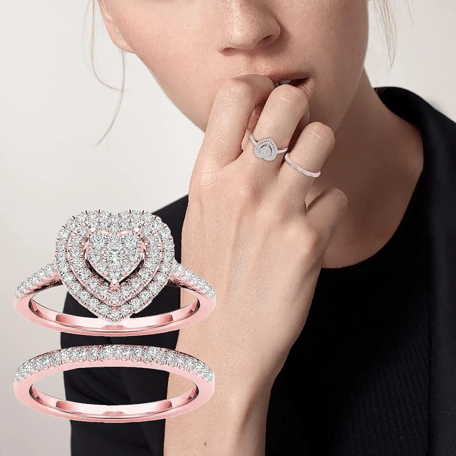 Love Valentine's Day Heart Shaped Cubic Zirconia CZ Engagement Bridal Anniversary Promise Wedding Band Ring Set