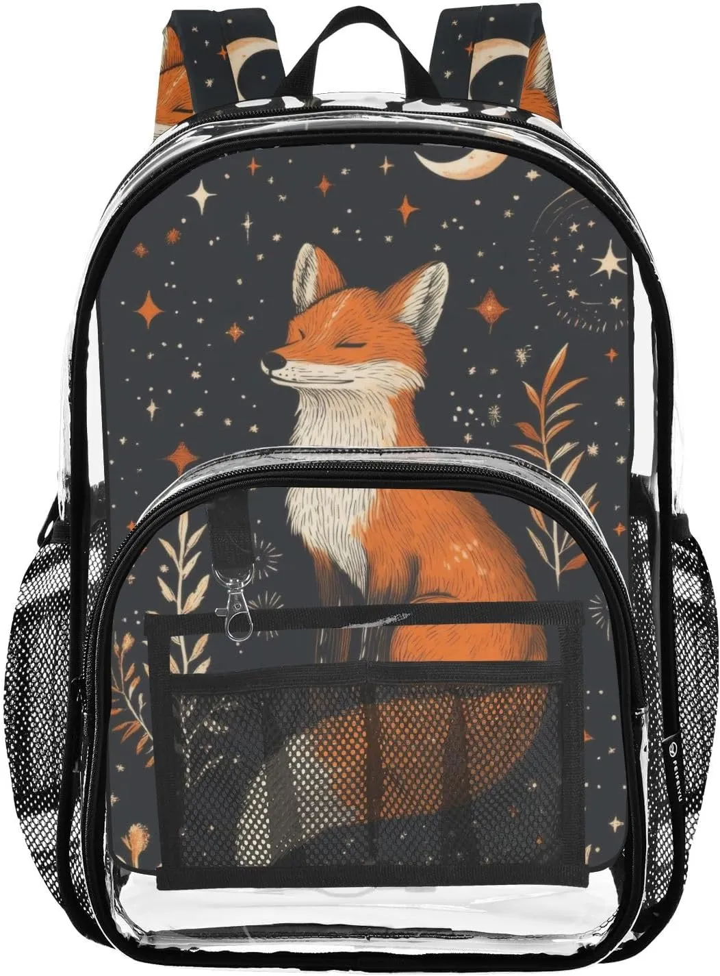 Magic Fox Clear Backpack with Back Print, Heavy Duty See Through Backpacks PVC Transparent Daypack for Travel Security