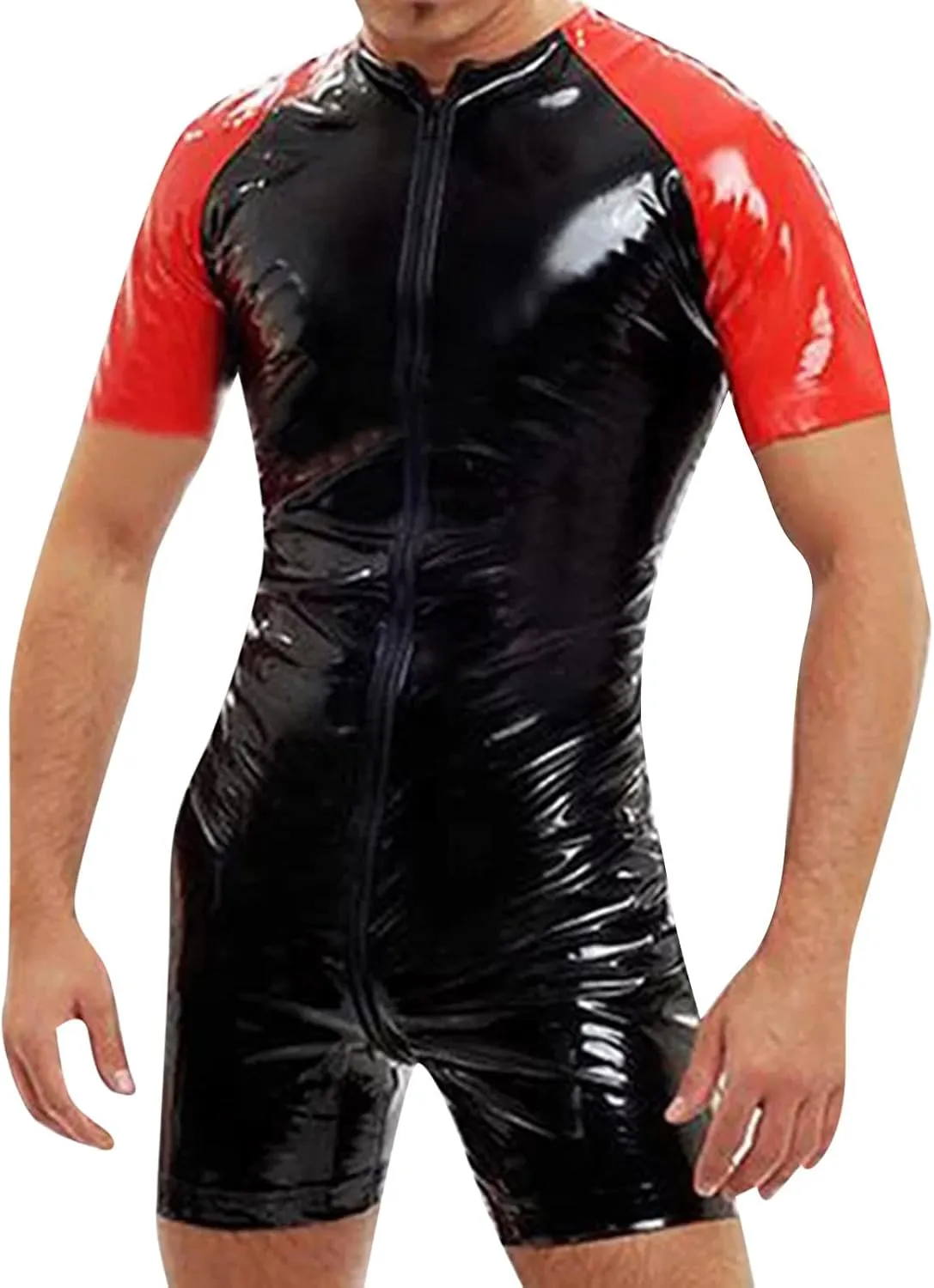 Men Sexy PU Leather One Piece BodysuitZipper Wetlook Short Sleeve Latex CatsuitSlim Fit Club Party Undershirts