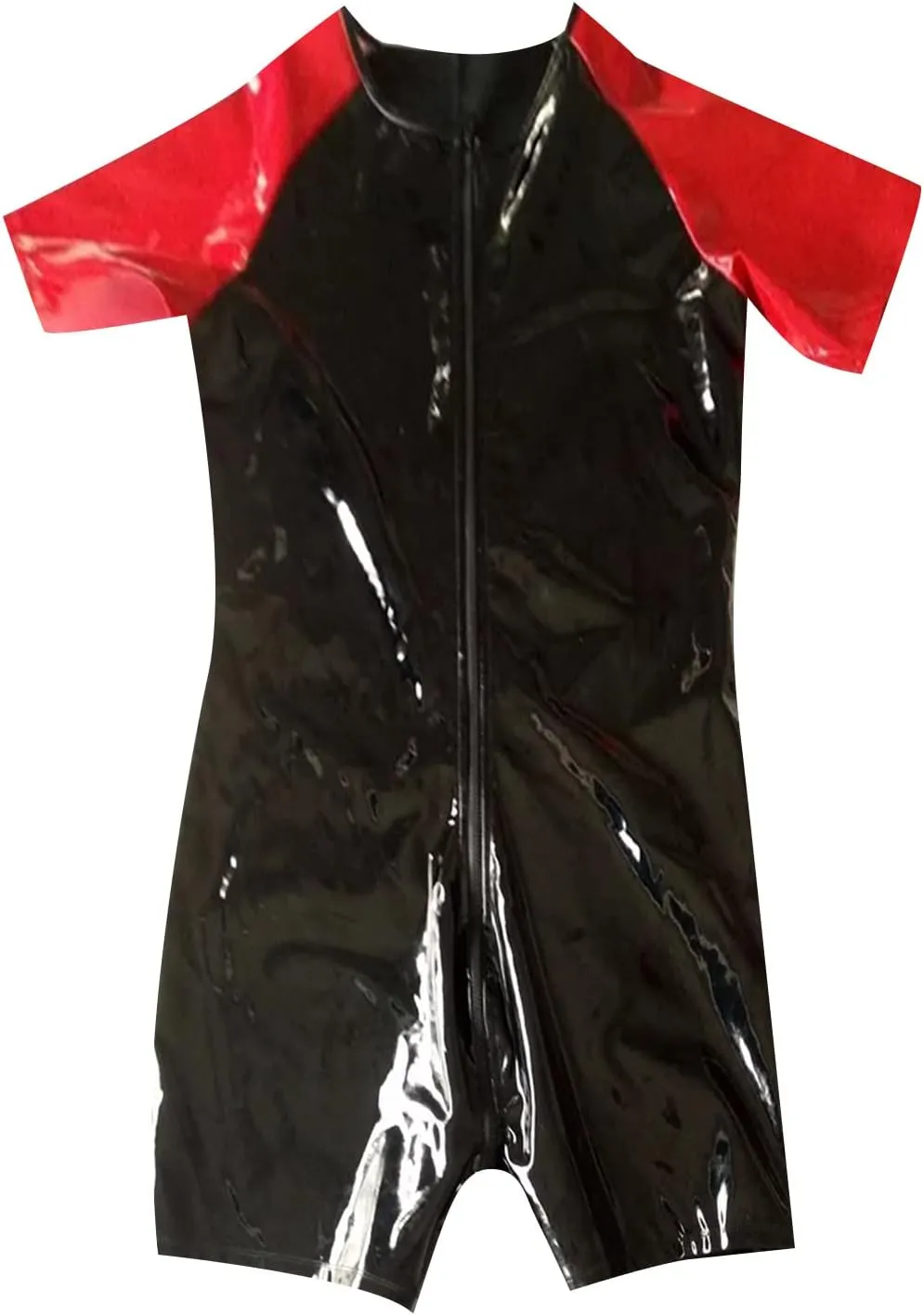 Men Sexy PU Leather One Piece BodysuitZipper Wetlook Short Sleeve Latex CatsuitSlim Fit Club Party Undershirts
