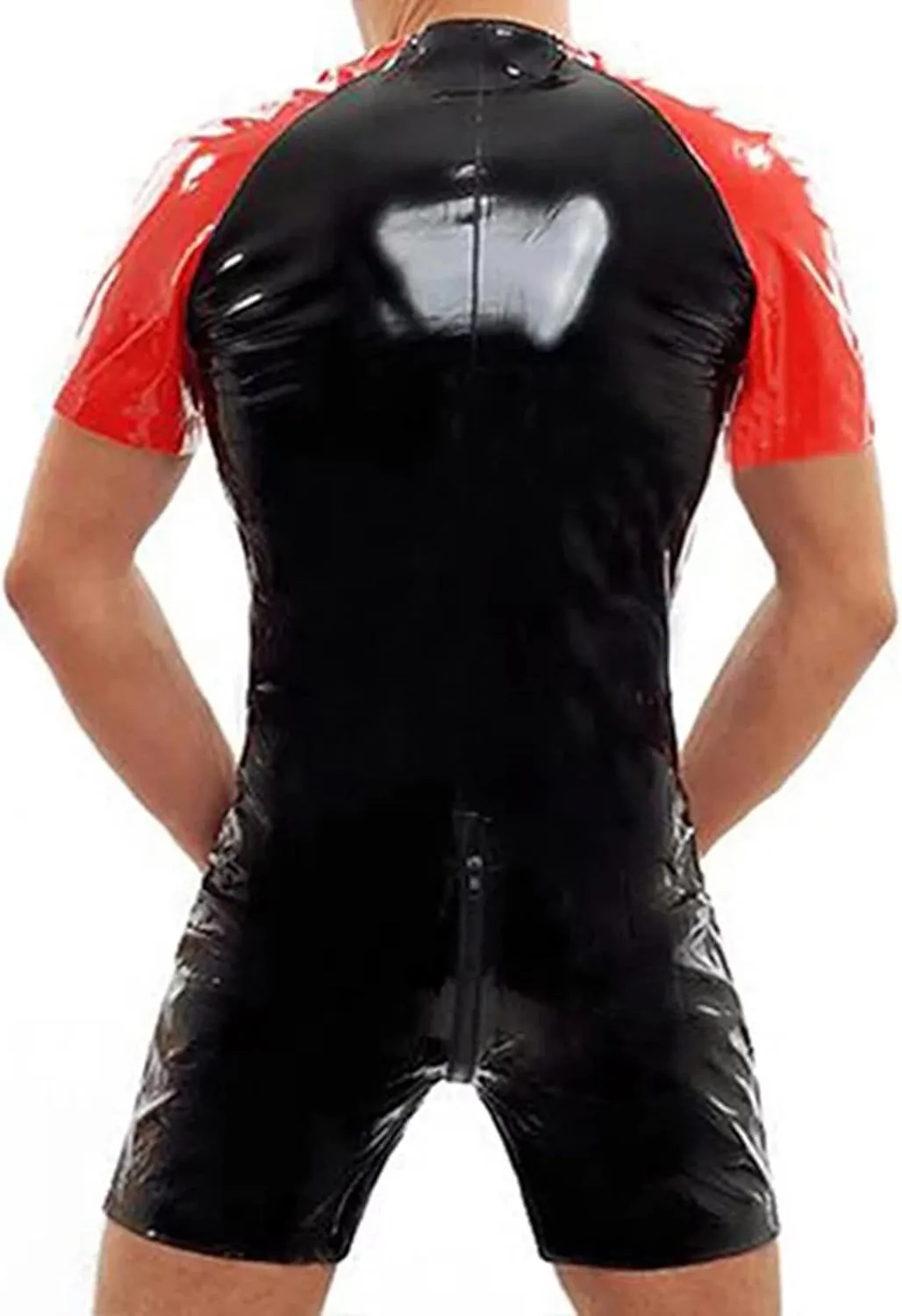 Men Sexy PU Leather One Piece BodysuitZipper Wetlook Short Sleeve Latex CatsuitSlim Fit Club Party Undershirts