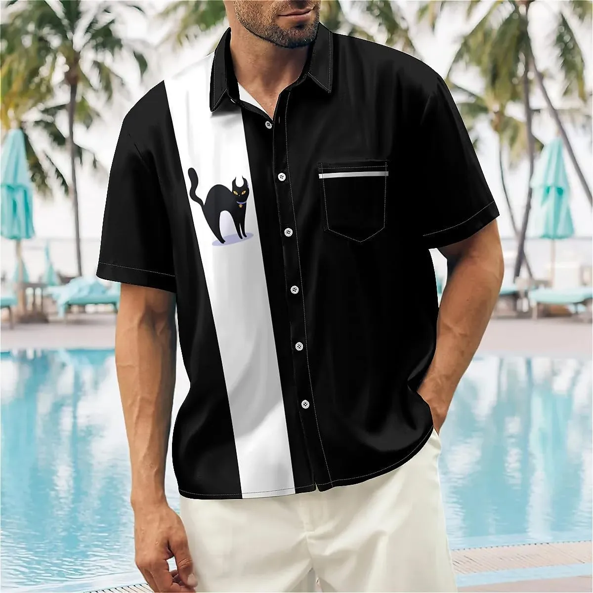 Mens Bowling Shirts, 1950s Hawaiian Vintage Button Down Short Sleeve Shirts Summer Casual Holiday Beach Shirts