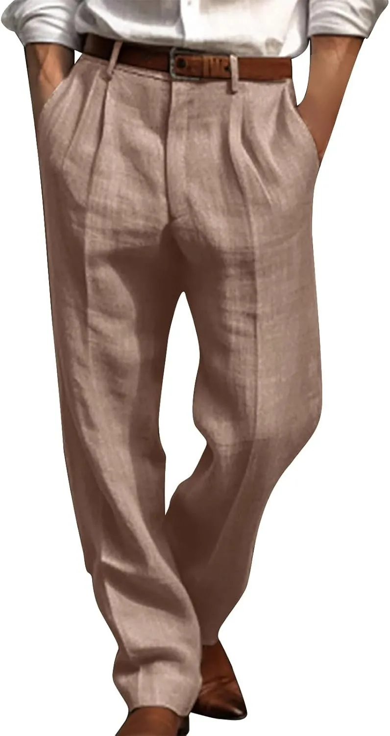 Men's Casual Cotton Linen Pants Baggy Summer Loose Fit Dress Pants with Pockets Breathable Trousers for Work