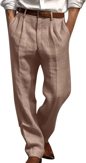Men's Casual Cotton Linen Pants Baggy Summer Loose Fit Dress Pants with Pockets Breathable Trousers for Work