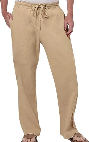 Men's Casual Cotton Linen Pants Loose Fit Elastic Drawstring Waist Pant Summer Beach Baggy Trousers Dress Pants
