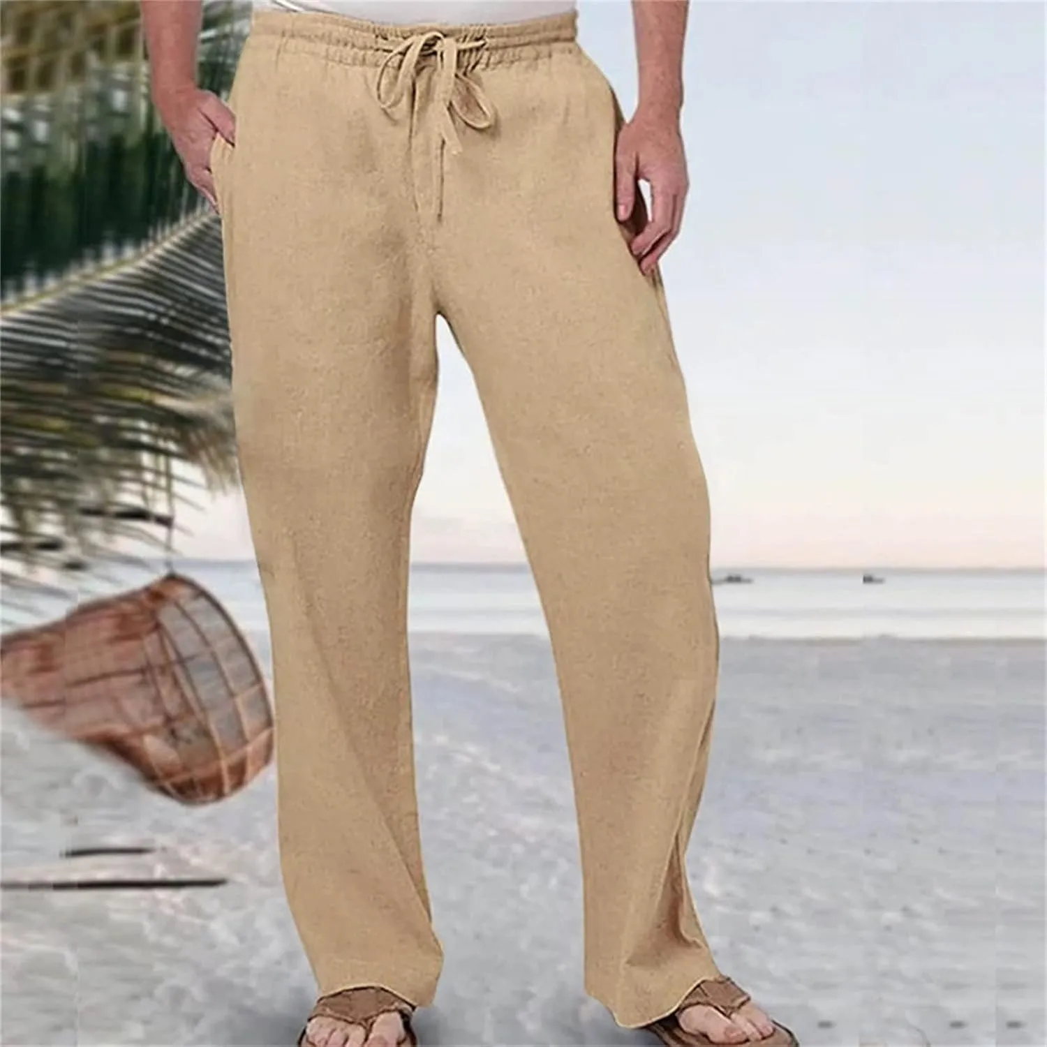 Men's Casual Cotton Linen Pants Loose Fit Elastic Drawstring Waist Pant Summer Beach Baggy Trousers Dress Pants