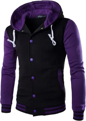 Men's Casual Hooded Varsity Jacket Slim Fit Baseball Jacket Sports Button Brushed Lightweight Warm Winter Coats