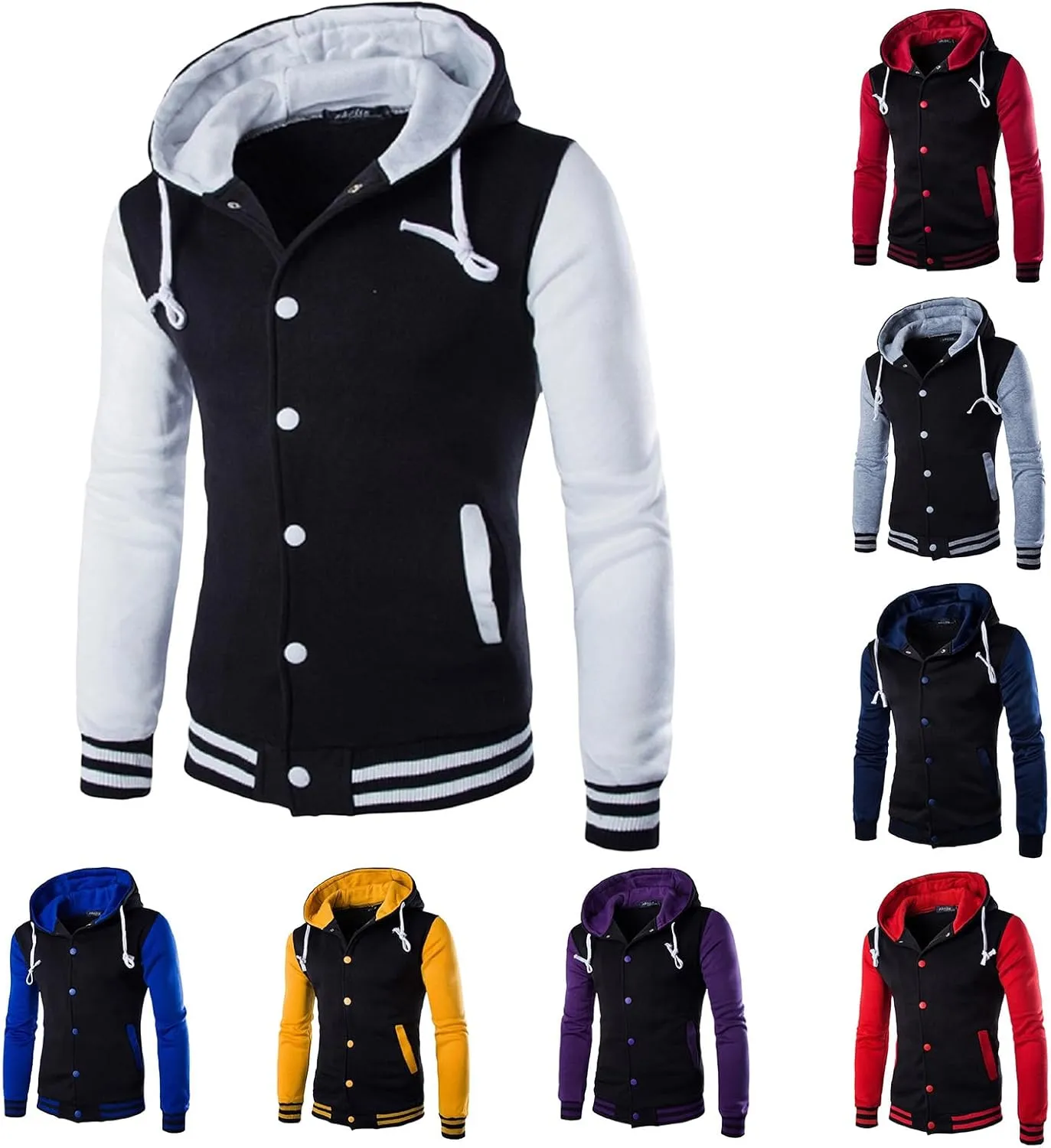 Men's Casual Hooded Varsity Jacket Slim Fit Baseball Jacket Sports Button Brushed Lightweight Warm Winter Coats