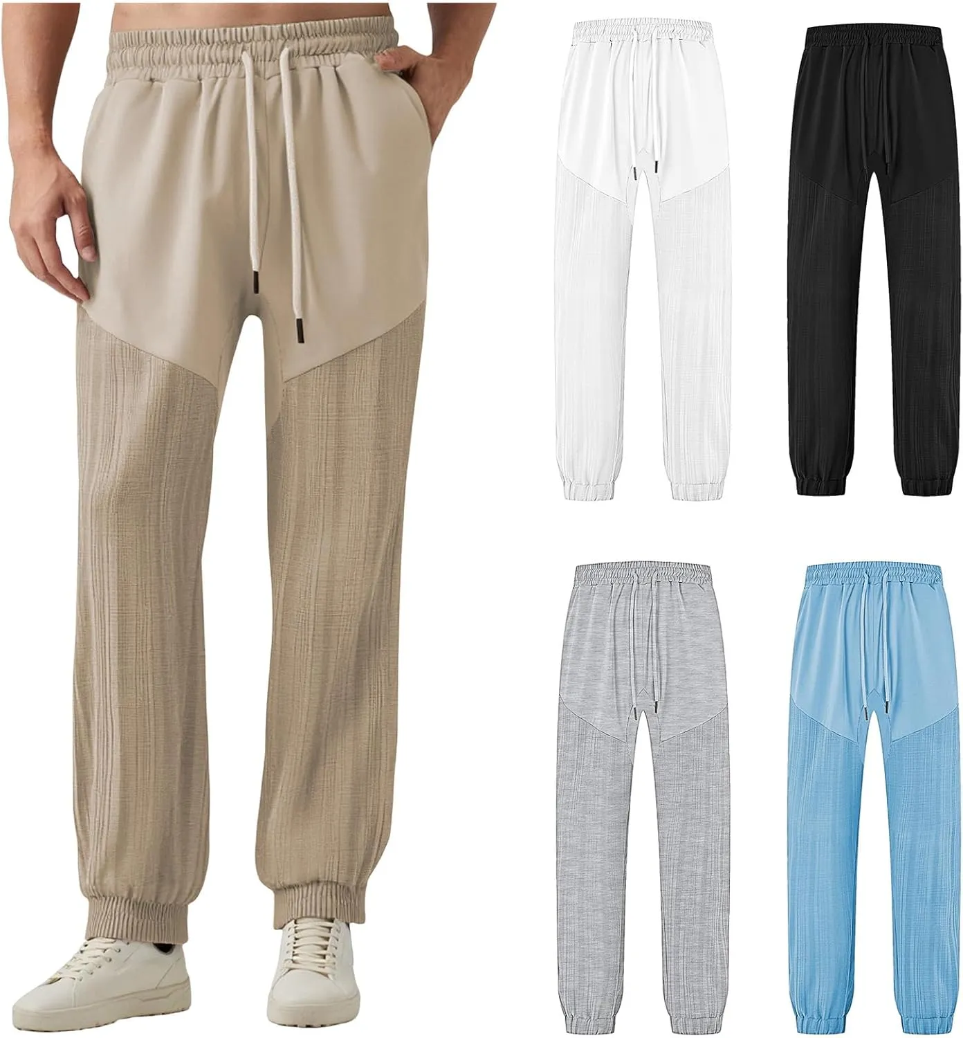 Mens Casual Sweat Pants Lightweight Elastic Waist Drawstring Baggy Trousers Colorblock Fashion Summer Loose Fit Pants