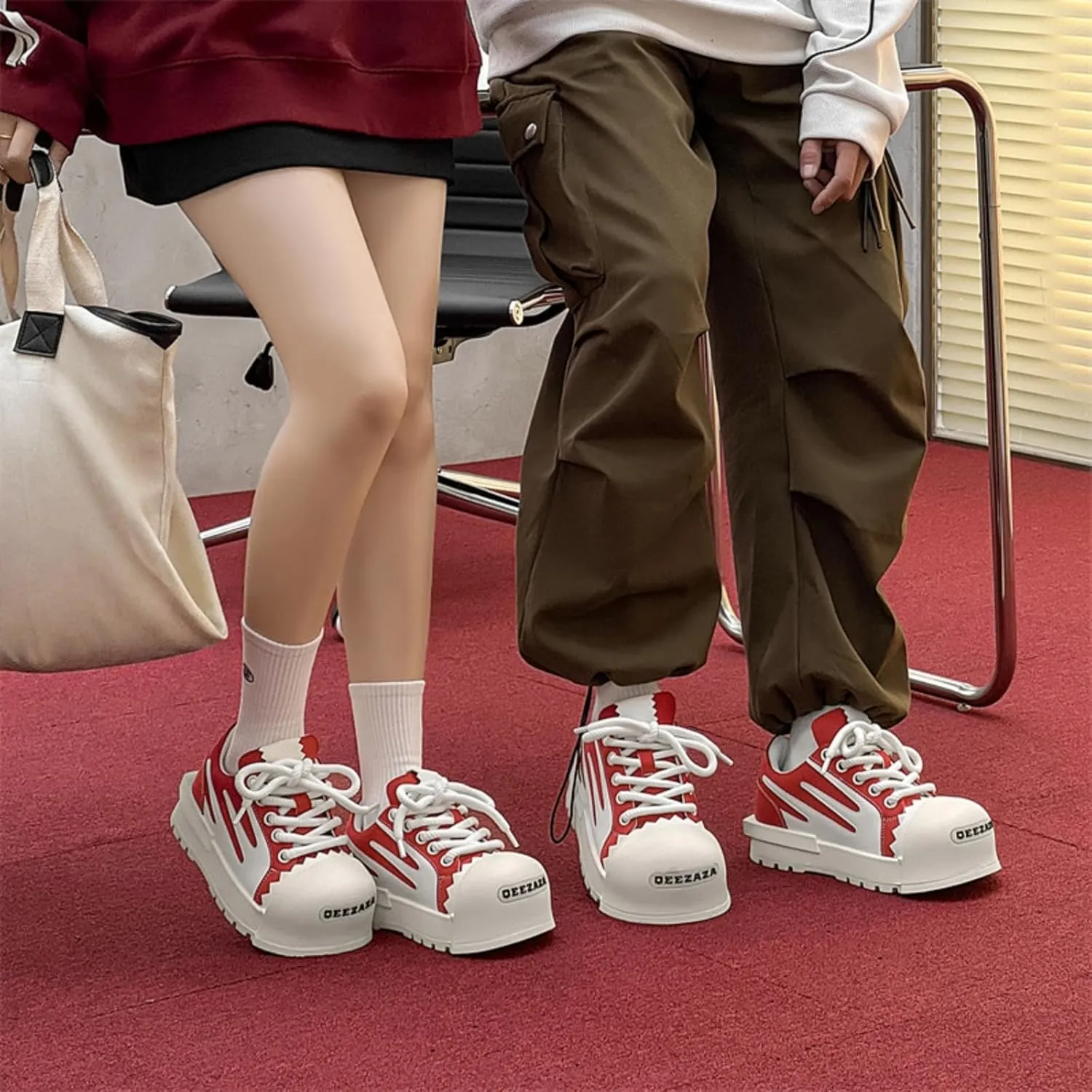 Men's Chunky Platform Sneakers - Geometric Contrast Design with Cushioned Comfort Thick Sole Casual Shoes for Everyday Urban Style (Black/White & Red/White)