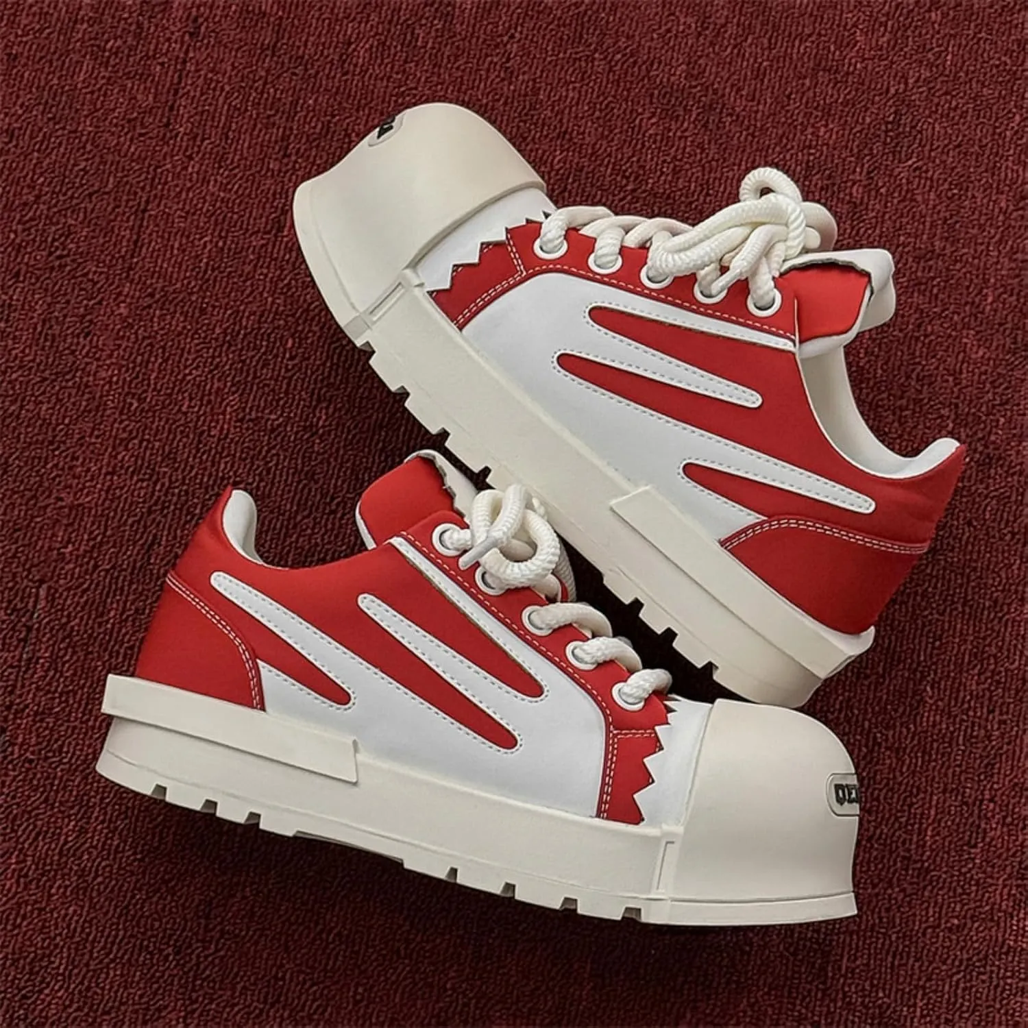 Men's Chunky Platform Sneakers - Geometric Contrast Design with Cushioned Comfort Thick Sole Casual Shoes for Everyday Urban Style (Black/White & Red/White)