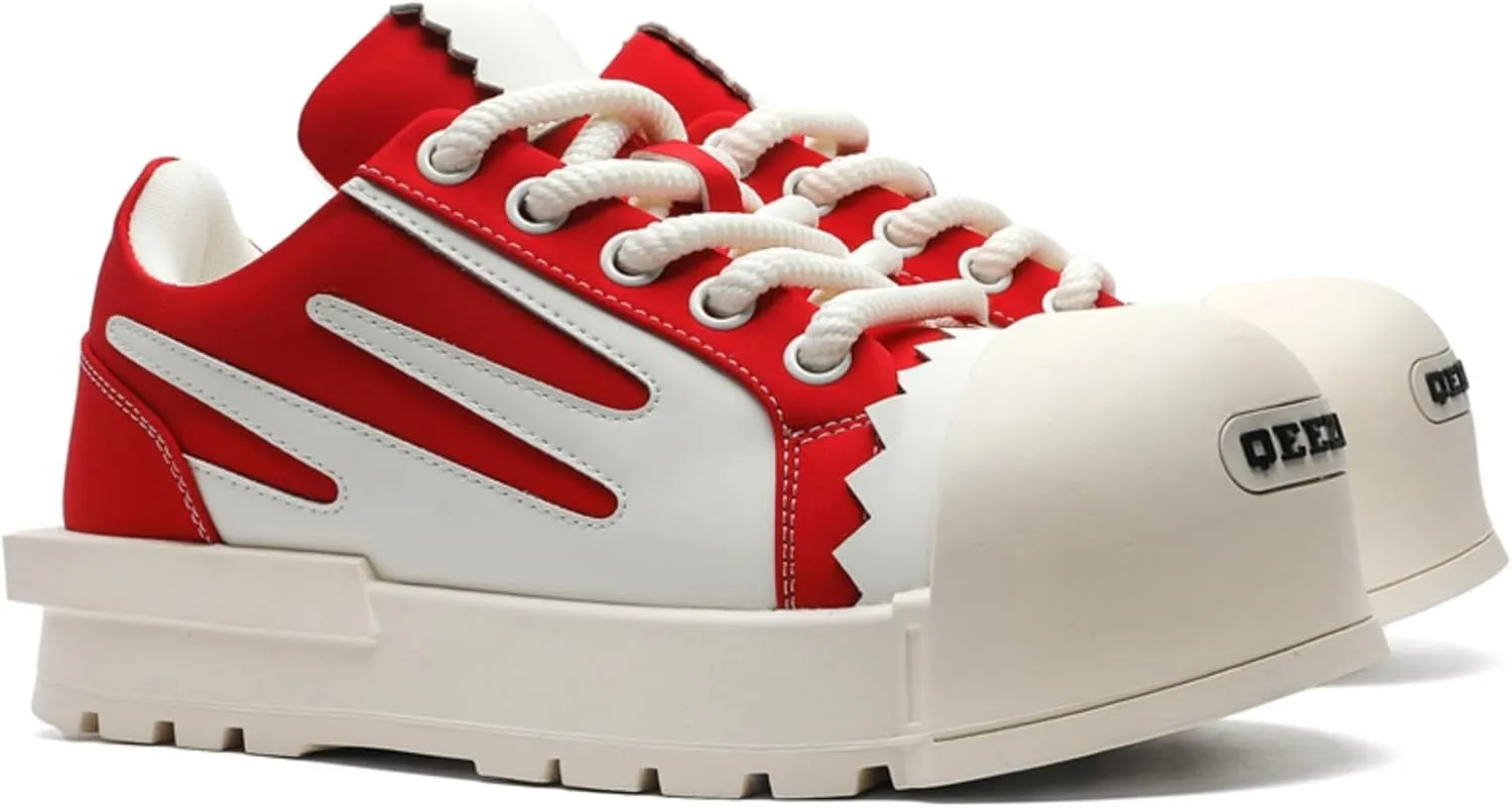 Men's Chunky Platform Sneakers - Geometric Contrast Design with Cushioned Comfort Thick Sole Casual Shoes for Everyday Urban Style (Black/White & Red/White)