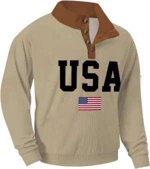Mens Corduroy Sweatshirts USA Letter Print Stand Collar Button Casual Sweatshirts Long Sleeve American Patriotic Tops