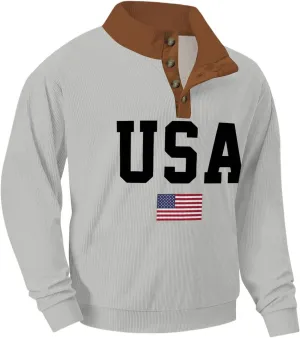 Mens Corduroy Sweatshirts USA Letter Print Stand Collar Button Casual Sweatshirts Long Sleeve American Patriotic Tops