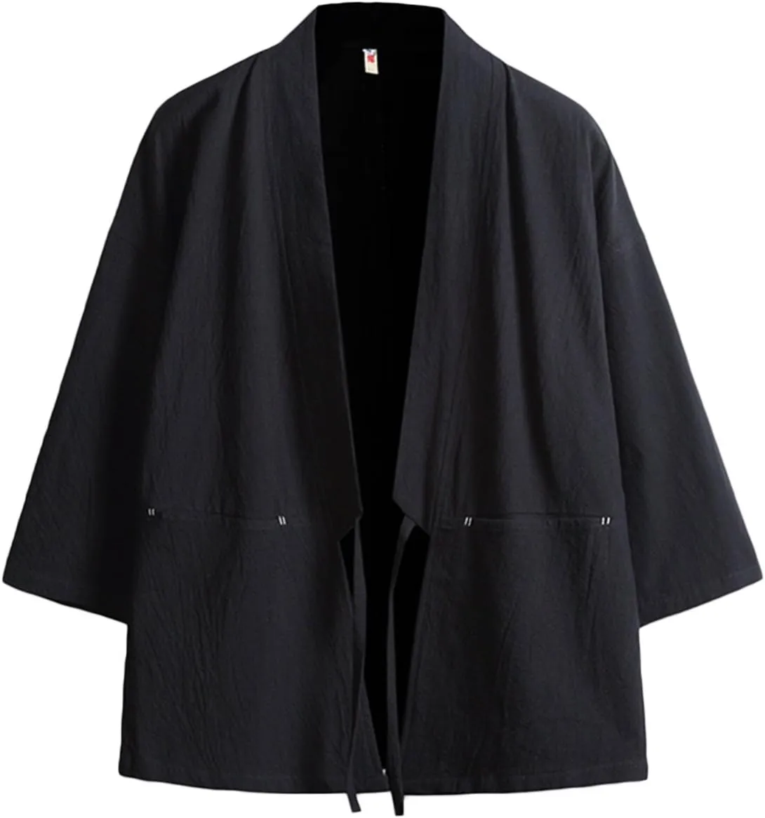 Men's Cotton Blends Linen Open Front Cardigan Embroidery Kimono Jackets