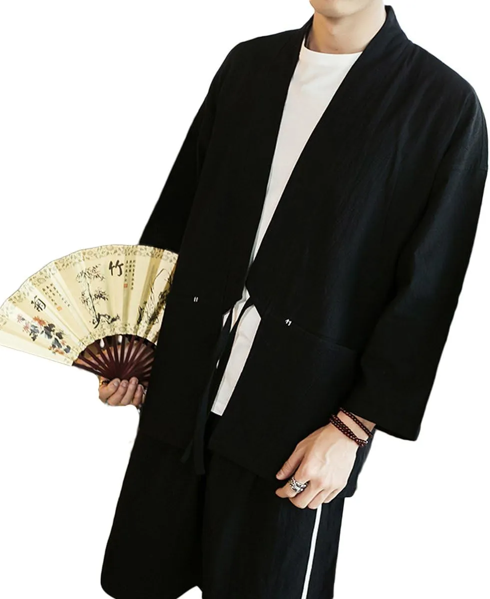 Men's Cotton Blends Linen Open Front Cardigan Embroidery Kimono Jackets