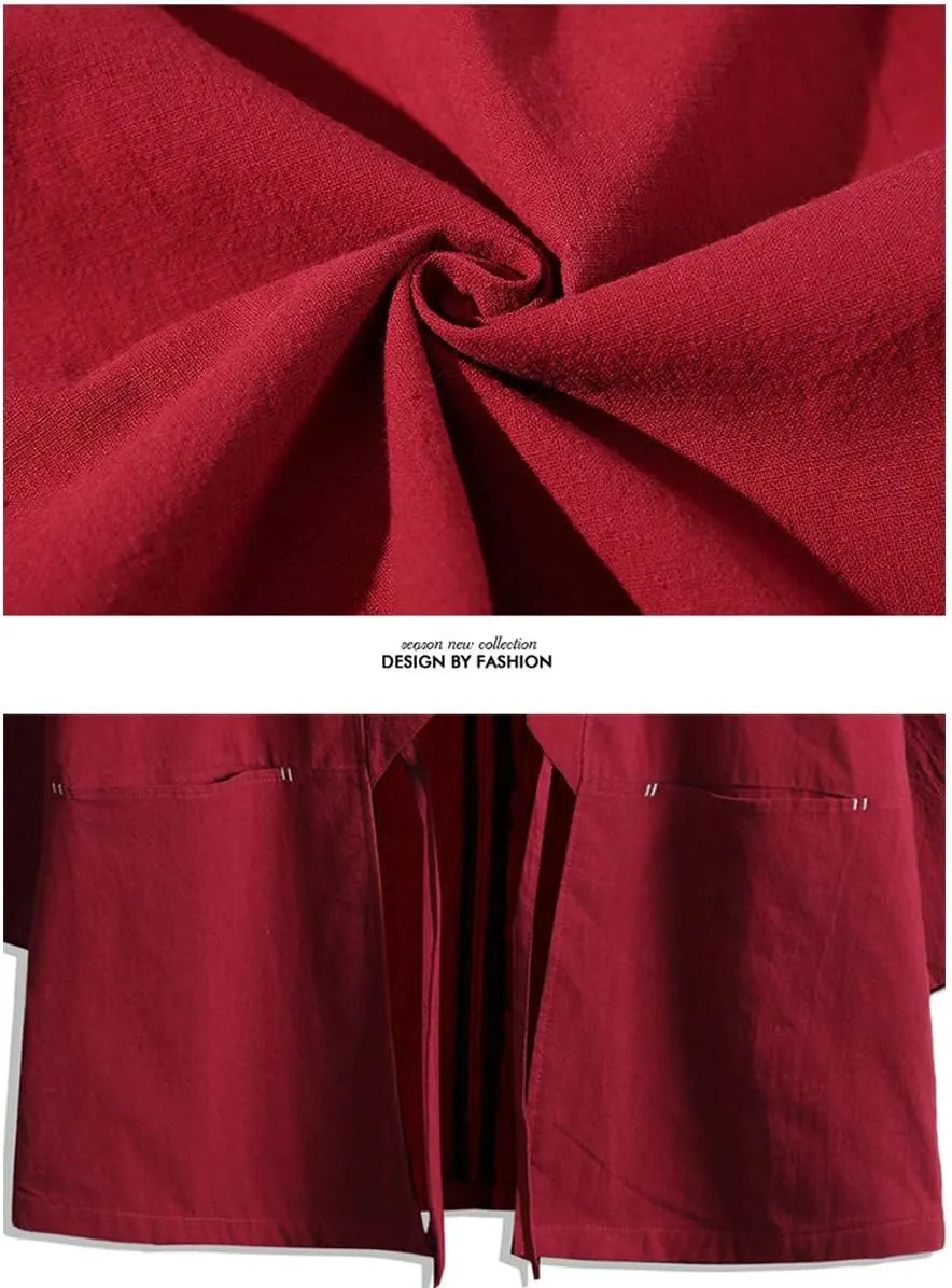 Men's Cotton Blends Linen Open Front Cardigan Embroidery Kimono Jackets