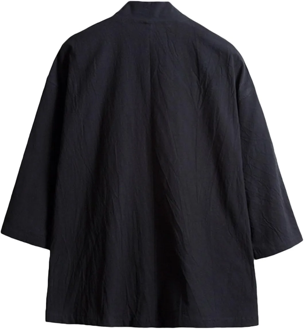 Men's Cotton Blends Linen Open Front Cardigan Embroidery Kimono Jackets